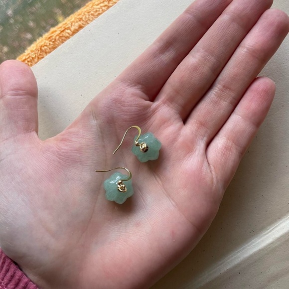 Gold Green Aventurine Stone Pumpkin Earrings - Picture 4 of 5